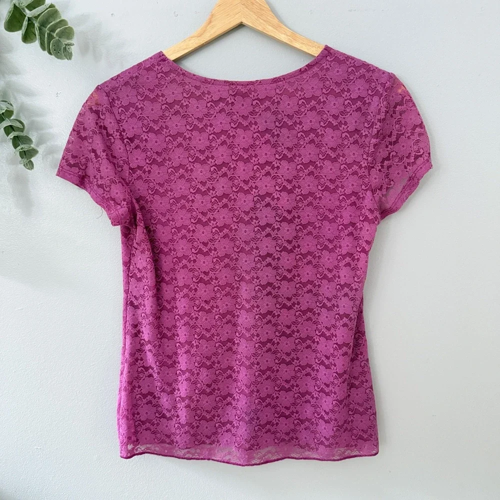 Faded Glory Top Babydoll Coquette Y2K Fuschia Floral Lace Short Sleeve Women's S - Picture 2 of 8